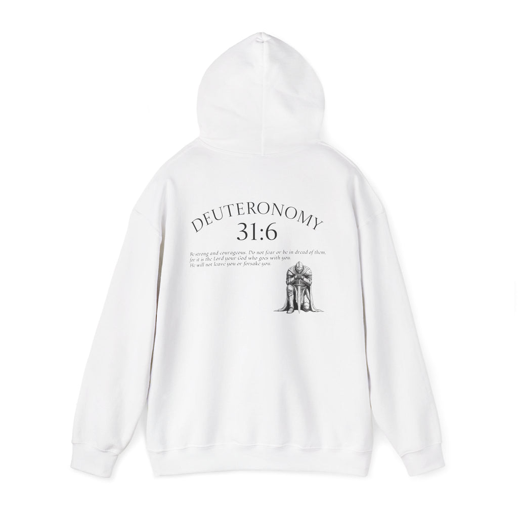 Deuteronomy 31:6 Scripture Hoodie | Faith Cross Illustration, Back Verse