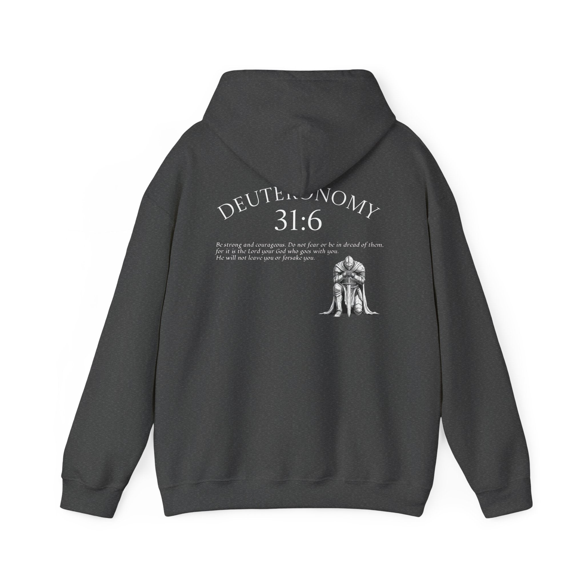 Deuteronomy 31:6 Scripture Hoodie | Faith Cross Illustration, Back Verse