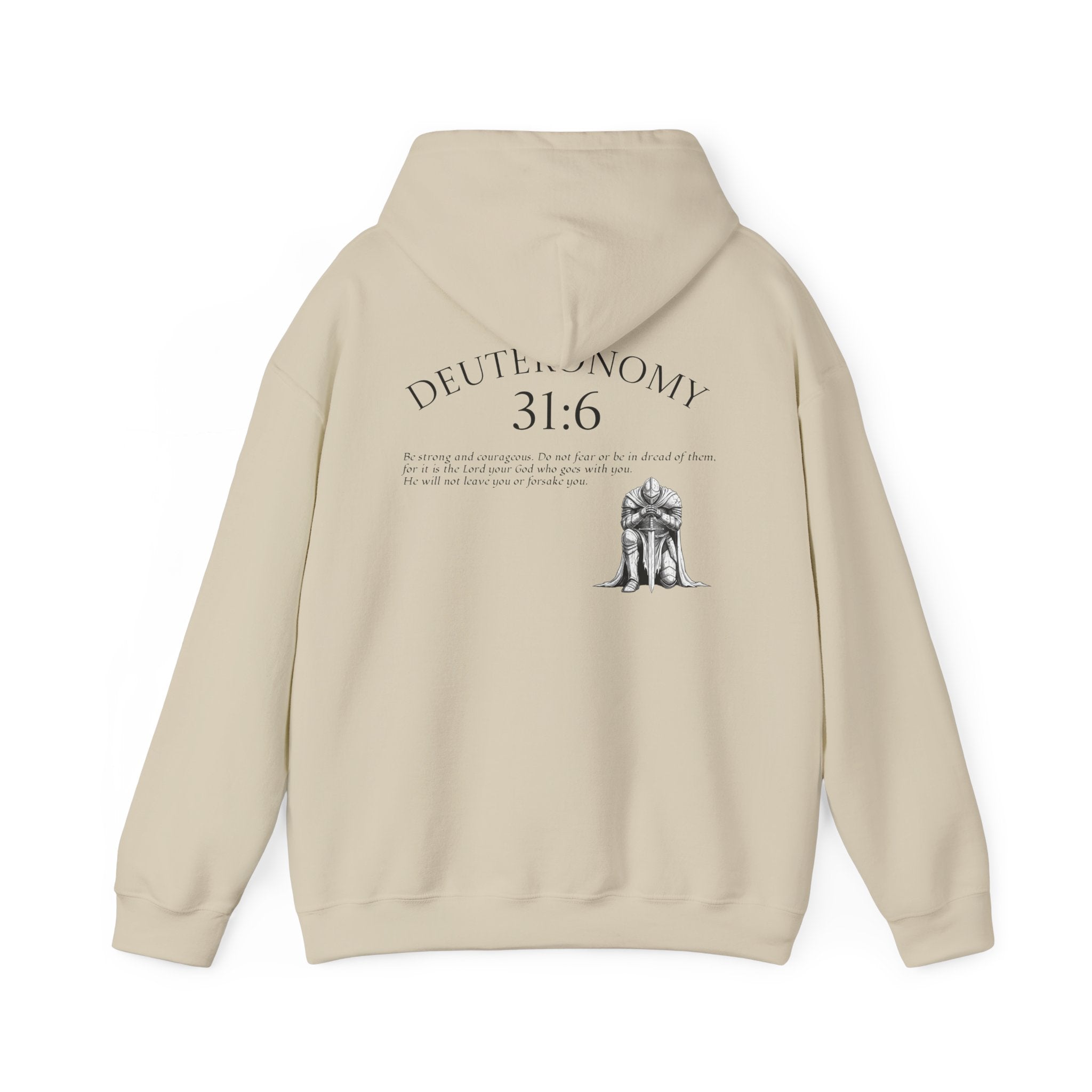 Deuteronomy 31:6 Scripture Hoodie | Faith Cross Illustration, Back Verse