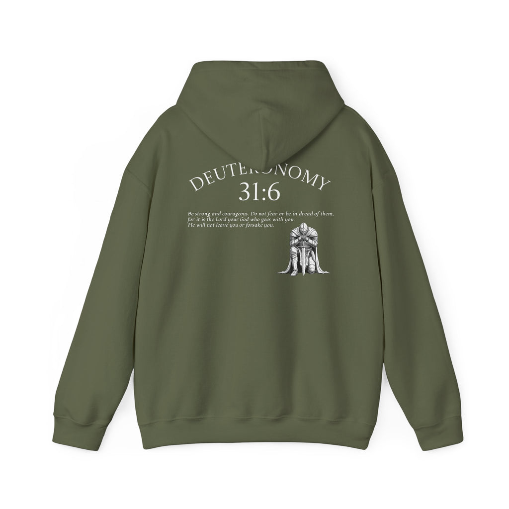Deuteronomy 31:6 Scripture Hoodie | Faith Cross Illustration, Back Verse