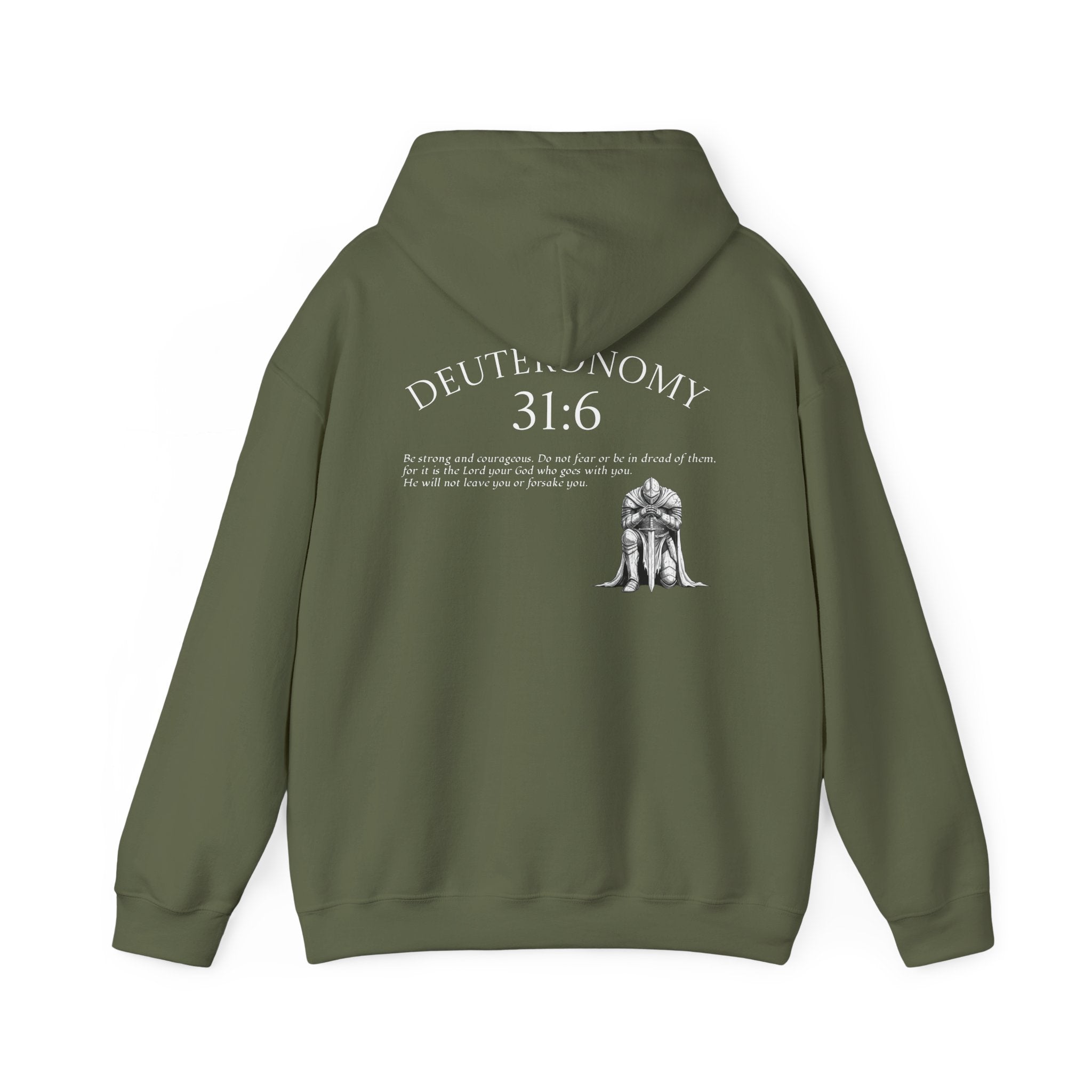 Deuteronomy 31:6 Scripture Hoodie | Faith Cross Illustration, Back Verse