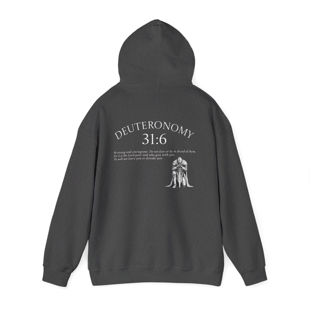 Deuteronomy 31:6 Scripture Hoodie | Faith Cross Illustration, Back Verse
