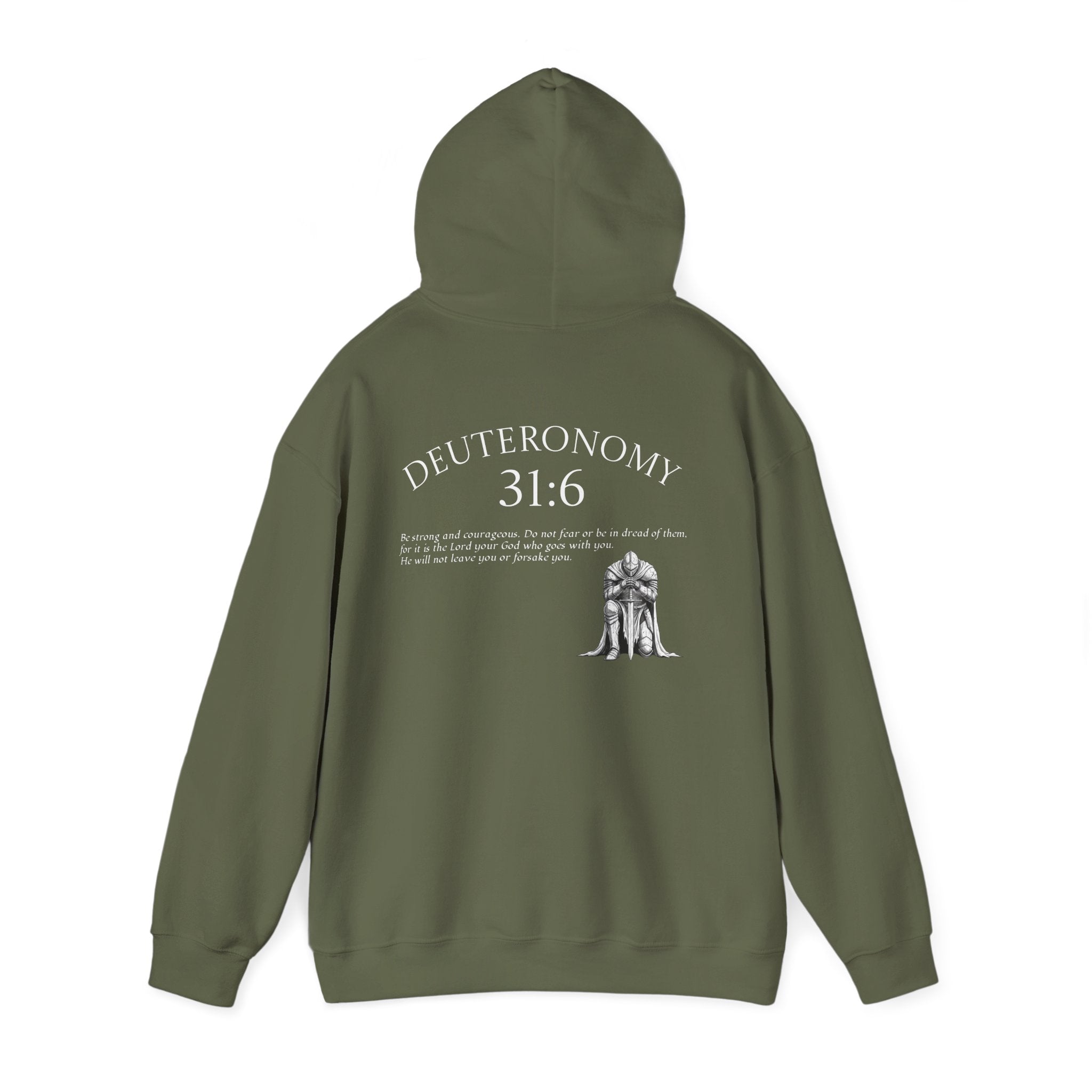 Deuteronomy 31:6 Scripture Hoodie | Faith Cross Illustration, Back Verse